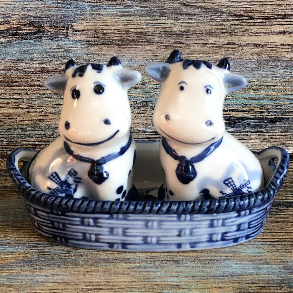 Vintage Delft Blue Bell Cows in Basket Salt and Pepper Shakers Hand Painted